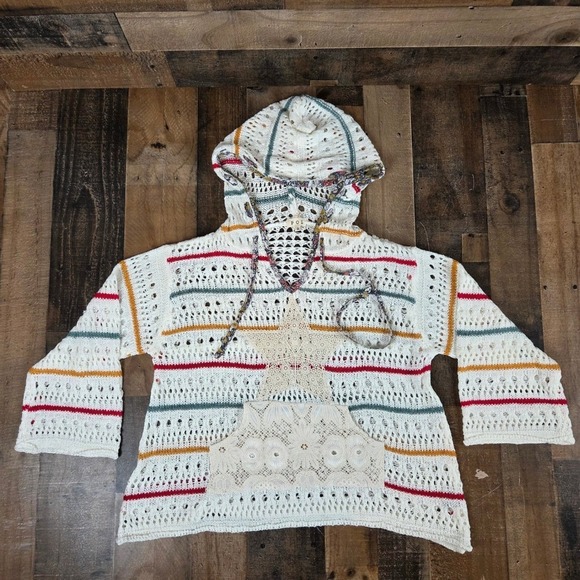 POL Tops - Anthropologie POL Crochet Knit Star Hoodie White Color Stripes Boho Hippie Small
